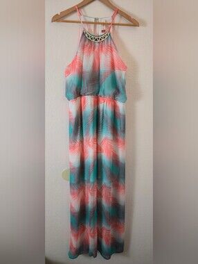 No Boundaries Coral & Teal Palm-Print Halter Maxi Dress